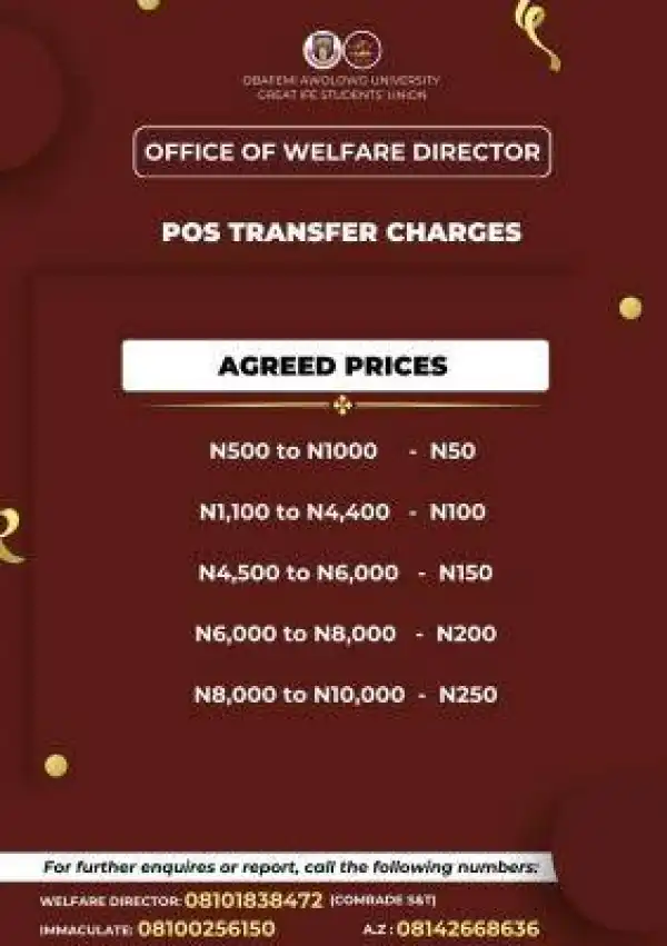 OAU SUG notice to students on revised POS charges on campus
