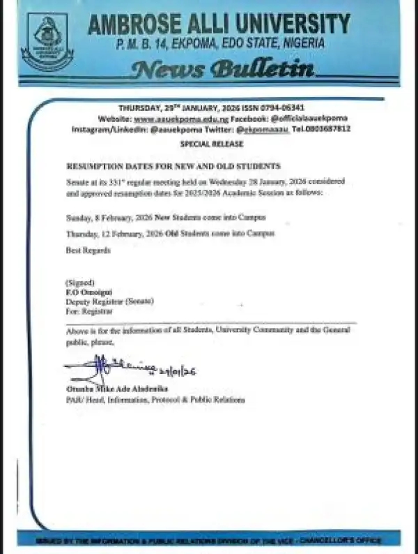 AAU announces resumption of academic activities, 2025/2026 academic session