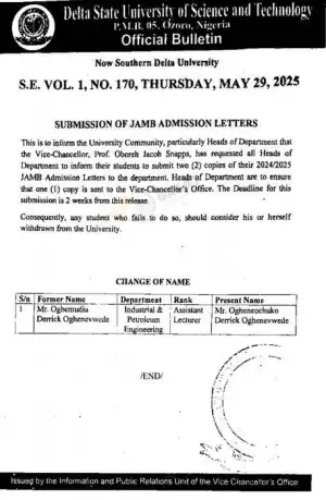 DSUST, Ozoro notice to admitted students, 2024/2025 on submission of admission letters