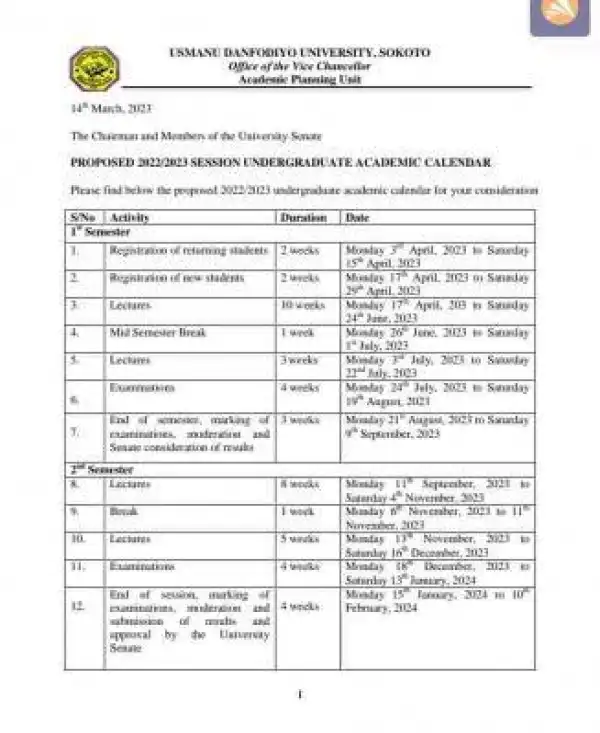 UDUS proposed academic calendar for undergraduate 2022/2023 session