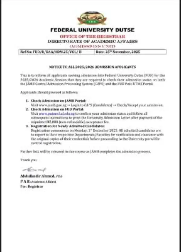FUDUTSE releases notice to 2025 admission applicants