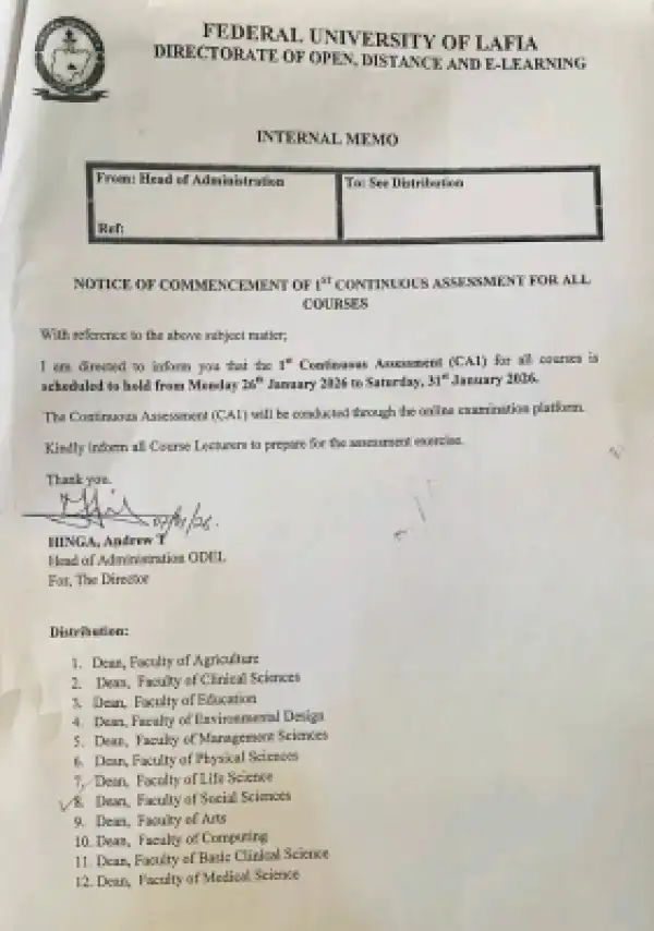 FULafia Directorate of Open, Distance and E-Learning (ODEL), notice on commencement of CA