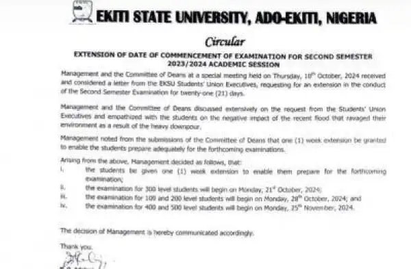 EKSU extends date for commencement of 2nd semester exam, 2023/2024