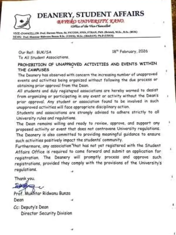 BUK notice on prohibition of unapproved activities & events on Campus