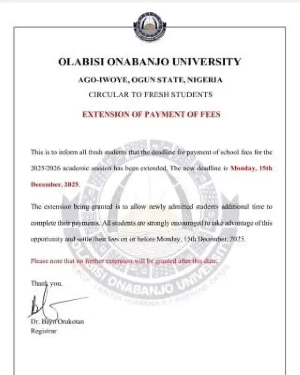 OOU extends school fees payment deadline for new students, 2025/2026