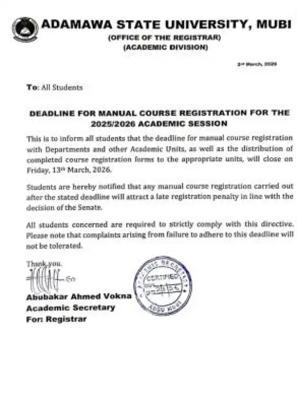 ADSU announces manual course registration deadline, 2025/2026 academic session