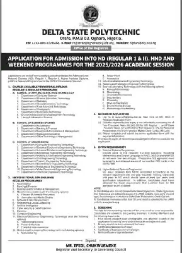 Delta Poly Otefe-oghara Post-UTME 2025: cut-off mark, eligibility and registration details