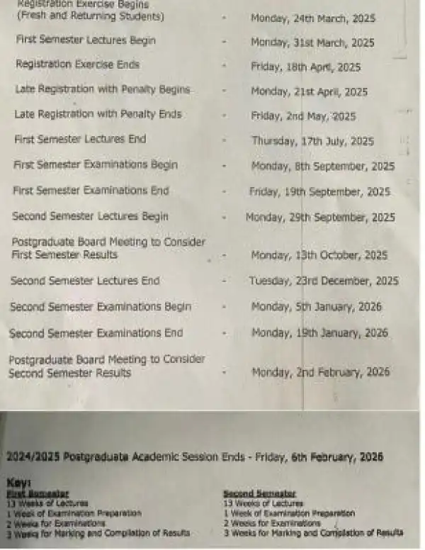 FUNAAB Revised academic calendar for Postgraduate, 2024/2025