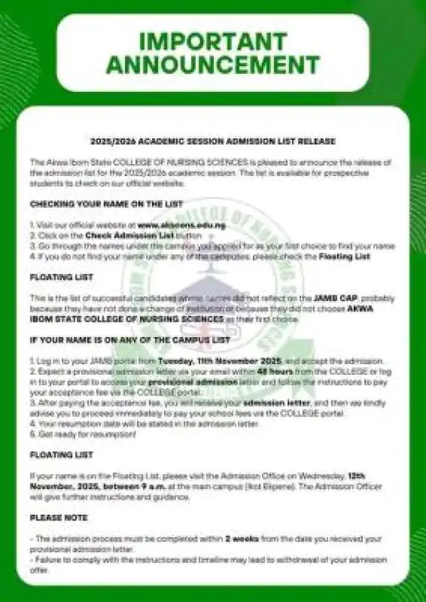 Akwa Ibom State College of Nursing admission list, 2025/2026