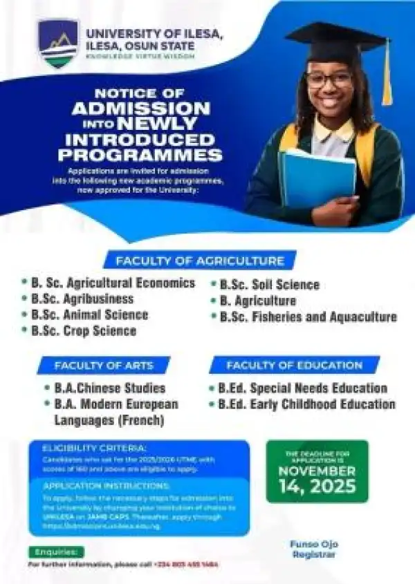 UNILESA admission into newly introduced programmes, 2025/2026