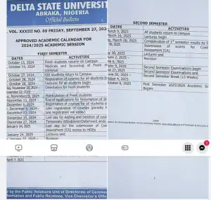 DELSU academic calendar, 2024/2025 academic session