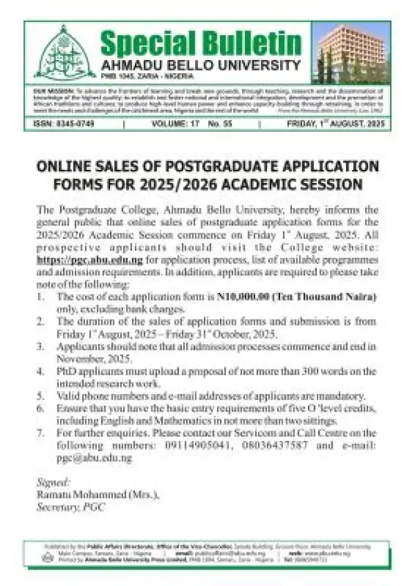 ABU Zaria sales of online Postgraduate form, 2025/2026