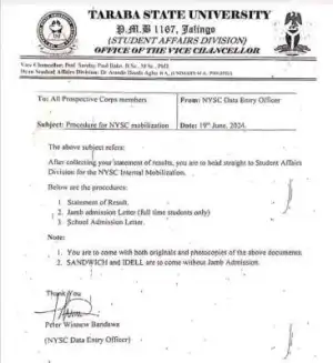 TSU Notice to prospective corp members on NYSC mobilization