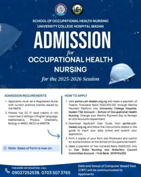UCH School of Occupational Health Nursing Admission for 2025/2026 Session
