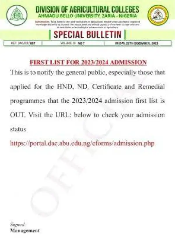 ABU Zaria Division of Agricultural College 1st batch admission lists, 2023/2024