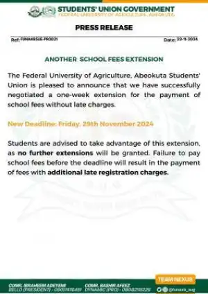 FUNAAB SUG notice on new deadline for payment of fees