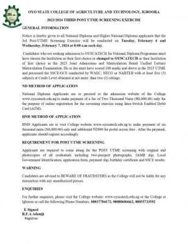 OYSCATECH announces 3rd batch Post UTME screening exercise, 2023/2024