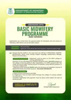 UBTH admission Into School of Basic Midwifery for 2024 Session