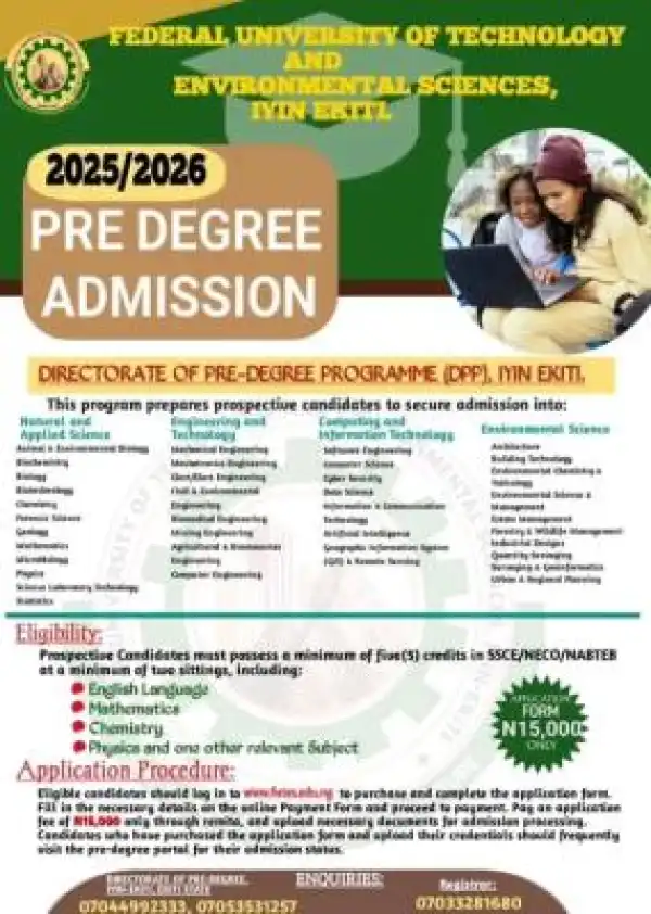 Federal University of Technology and Environmental Sciences Iyin Ekiti Pre-degree admission, 2025/2026