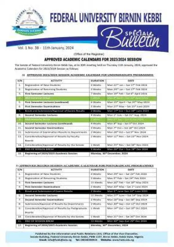 FUBK approved academic calendars for 2023/2024 session