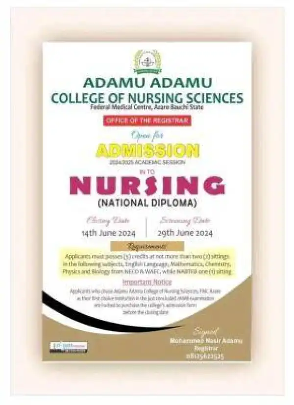 Adamu Adamu College of Nursing FMC Bauchi releases ND Nursing form, 2024/2025