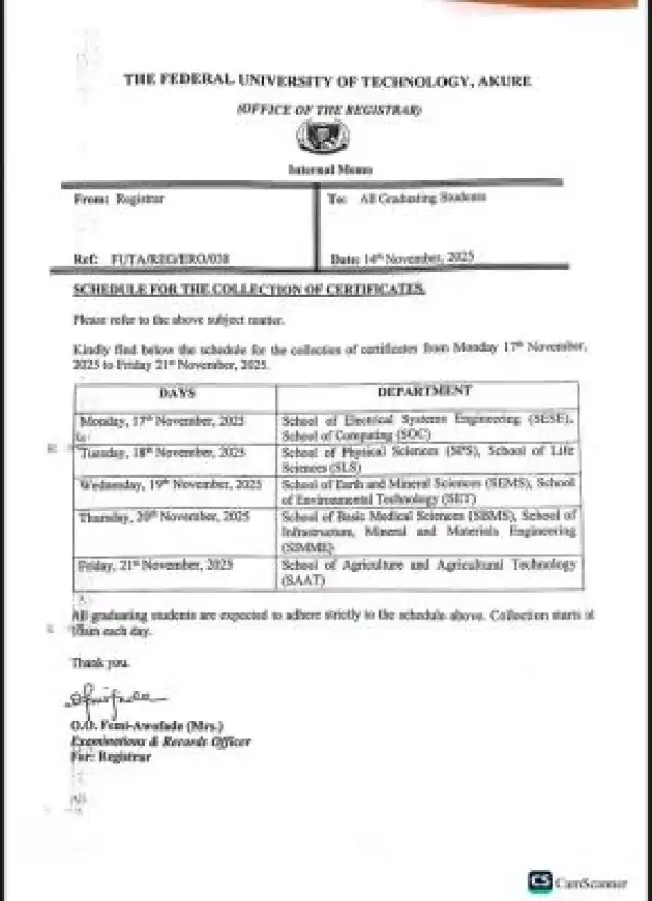 FUTA notice to graduating students on schedule for collection of certificates