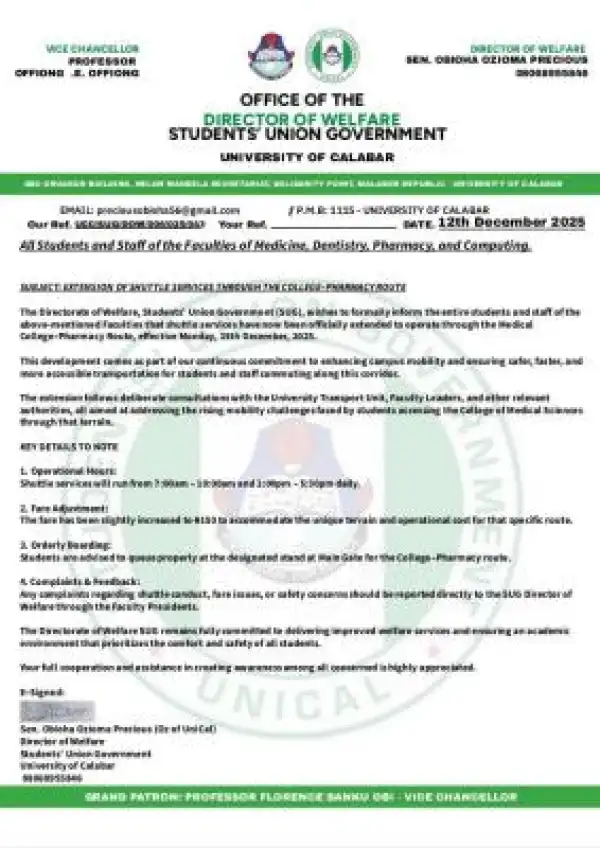 UNICAL SUG notice on extension of shuttle service to medical college