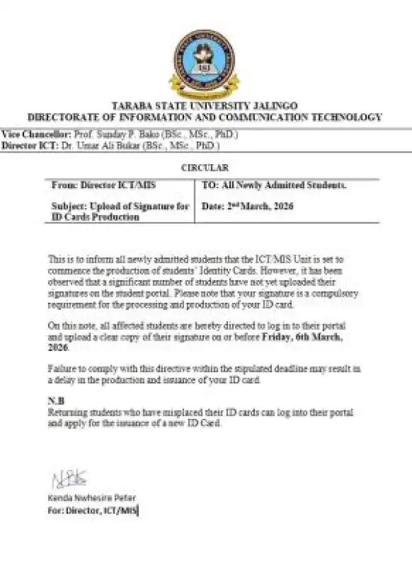 TASU notice to new students on upload of signatures for ID Card production