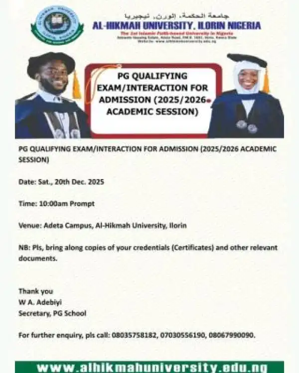 Al-Hikmah University announces postgraduate qualifying exam, 2025/2026
