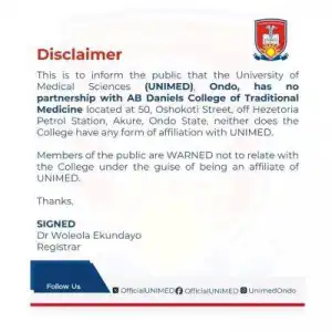 UNIMED disclaims affiliation with AB Daniel College of Traditional Medicine