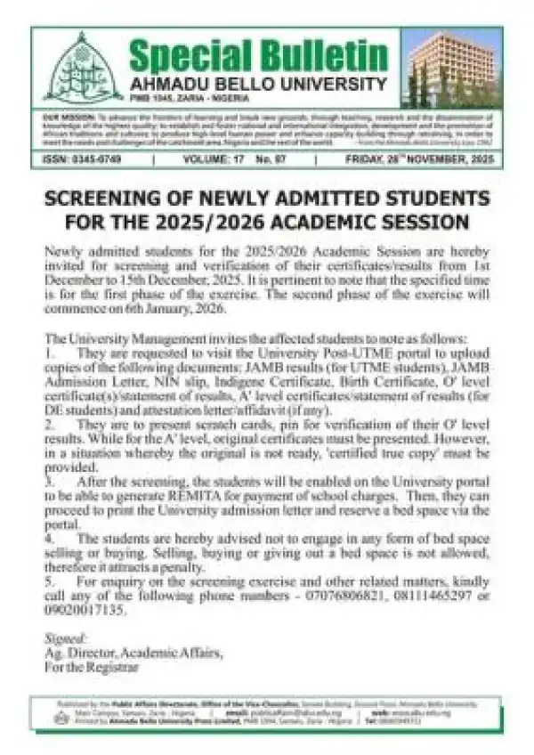 ABU notice on screening of new student, 2025/2026