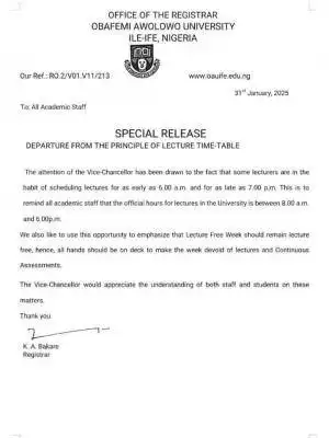 OAU update on lecture schedule