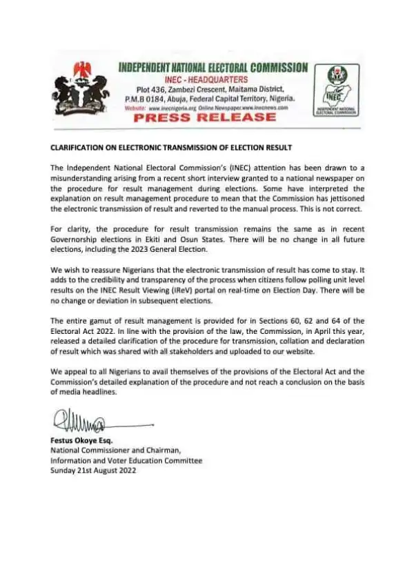 PRESS RELEASE Clarification On Electronic Transmission Of Election Result.