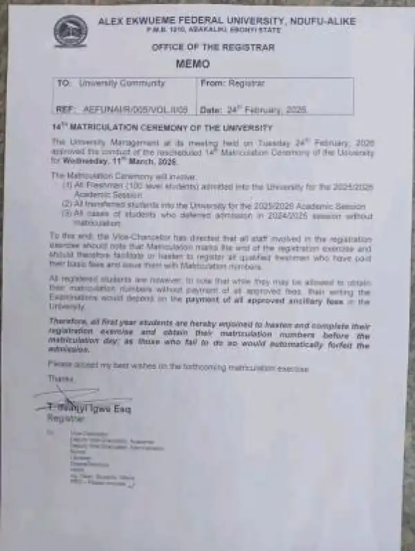 AE-FUNAI announces new date for 14th Matriculation Ceremony