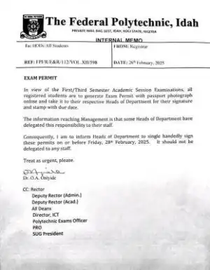 Fed Poly Idaho notice on printing of exam permit