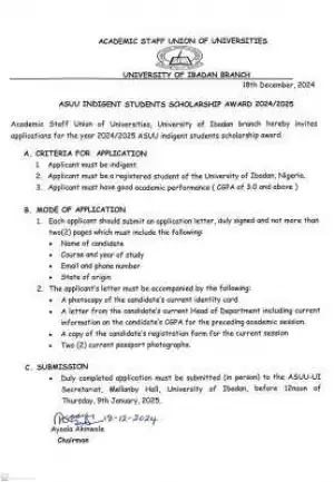 UI-ASUU indigent students Scholarship award, 2024/2025