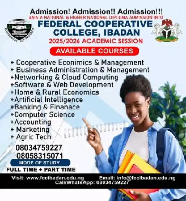 Federal Cooperative College, Ibadan ND/HND Admission form, 2025/2026