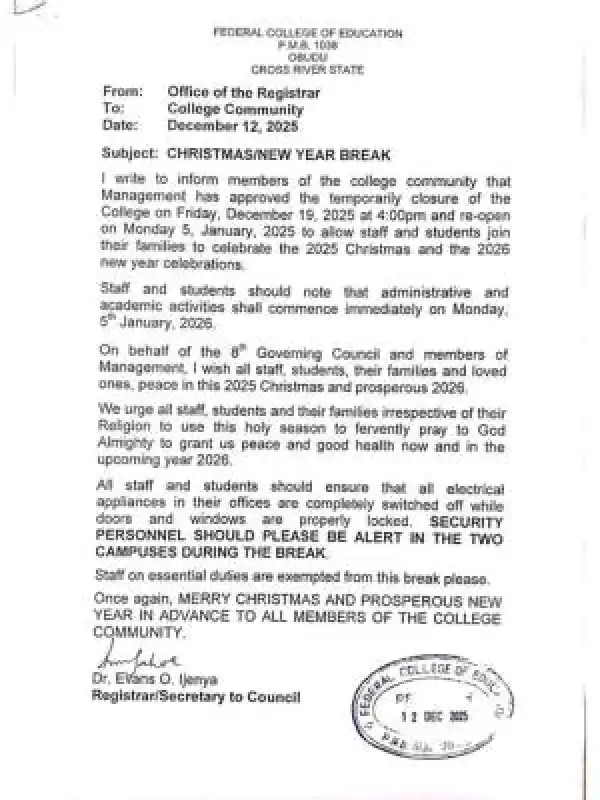 FCE Obudu announces Christmas and New Year break