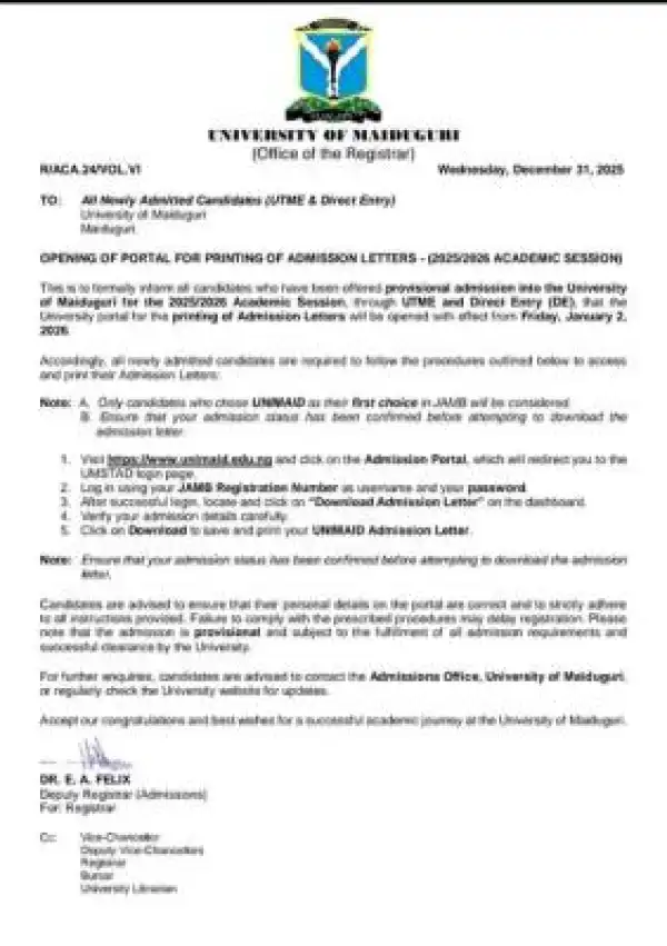 UNIMAID Opens Portal for Printing of Admission Letters for 2025/2026 Session