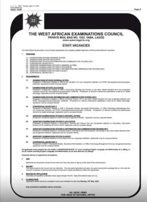 WAEC Nigeria announces job vacancies, 2026