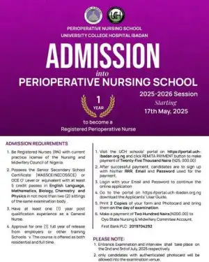 UCH, Ibadan admission into Perioperative Nursing School, 2025/2026