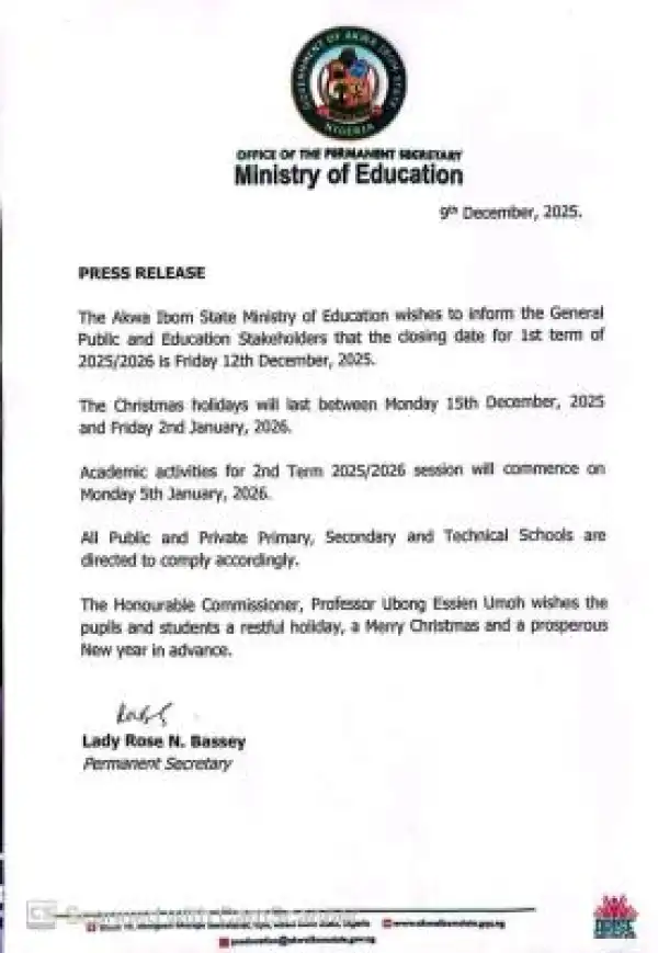 Akwa Ibom State Ministry of Education notice on closure and resumption for next term