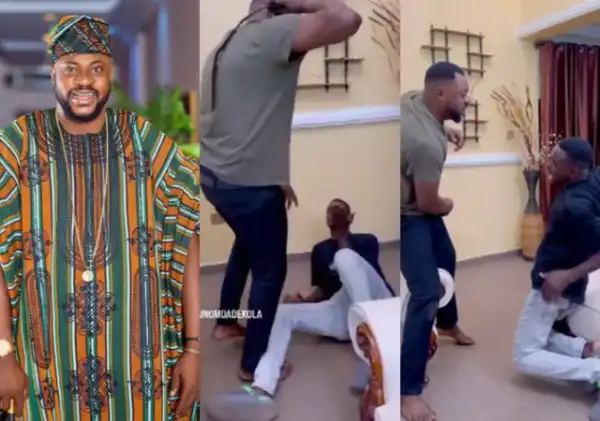 Moment Odunlade Adekola harshly whips junior colleague with belt on movie set