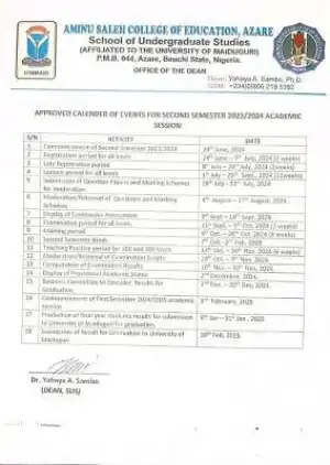 Aminu Saleh COE releases undergraduate 2nd semester academic calendar, 2023/2024