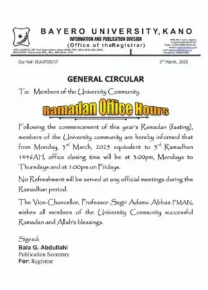 BUK notice on Ramadan office hours