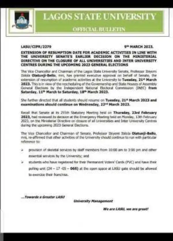 LASU extension of resumption date