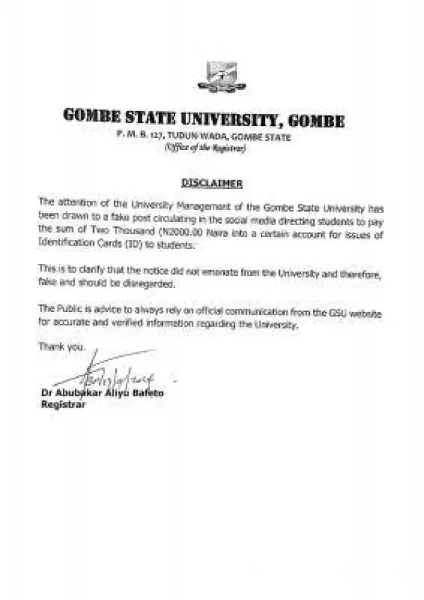 GOMSU issues disclaimer notice to students and the general public