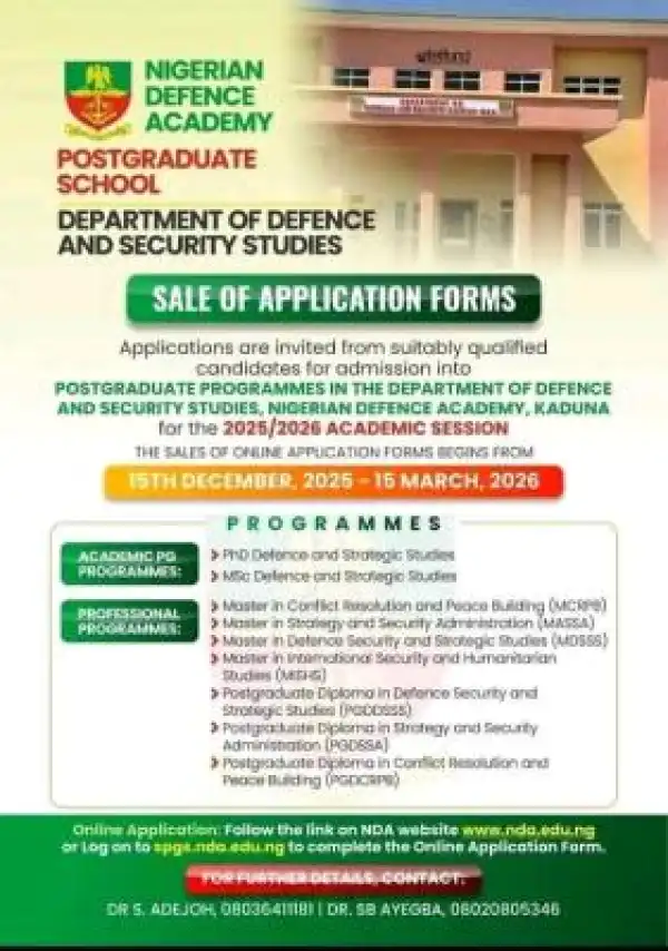 NDA announces sale of Postgraduate Application Forms for 2025/2026 session
