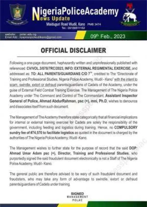 Nigeria Police Academy disclaimer notice