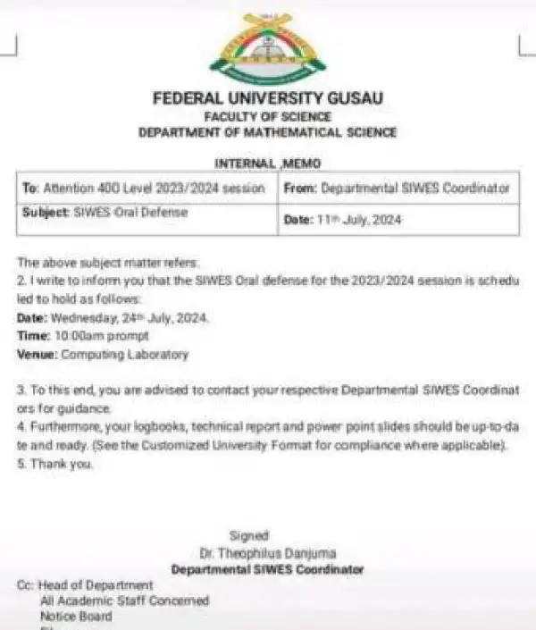 FUGUSAU notice to 400L students on SIWES oral defense